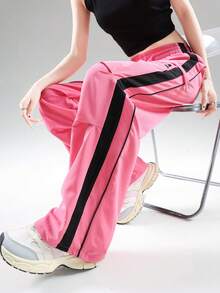 JUTU Casual Loose Drawstring Pants With Funny Cat Print, Lightweight Colorblock Design, Suitable For Spring, Summer, Autumn - 0B52 Pink and Black-1045 - View 5