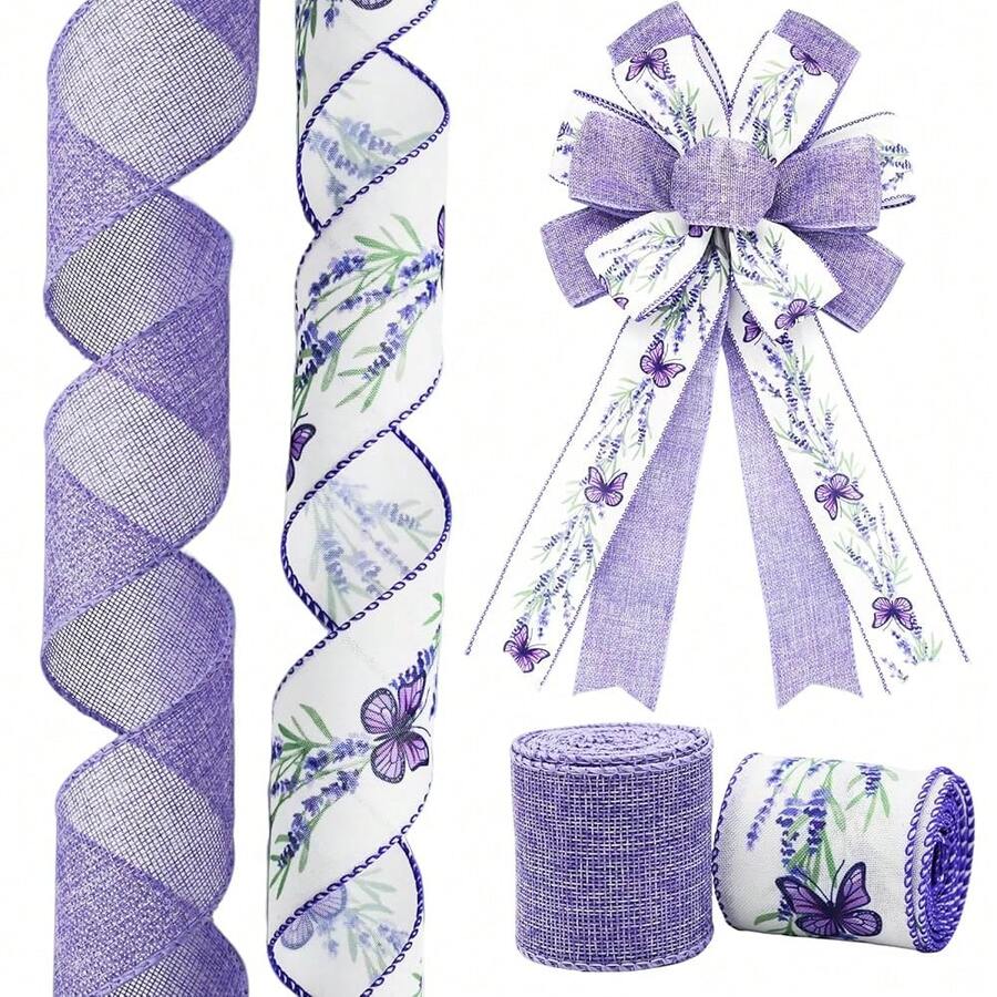 2 Rolls Lavender Wired Edge Ribbon - 2.5 Inch, 5 Yards Each, Spring Summer Lavender Grosgrain With Wired Edge For Wedding Decor, Gift Wrapping & DIY Crafts, Mother's Day Gift,Butterfly - 蝴蝶 - 查看 1