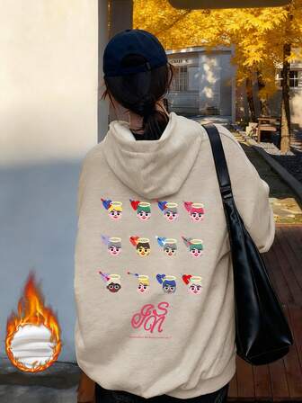 1件装 女士休闲百搭英文字母和可爱图案印花宽松套头连帽卫衣，秋冬季