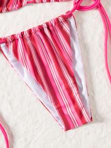 女士比基尼套装，泳衣，休闲蓝棕条纹系带露背比基尼两件式泳衣，高腰带垫泳衣，性感夏季沙滩装，沙滩度假服，女士夏季沙滩露背装，Y2K 坏女孩风格 - 中紫紅色 - 查看 6