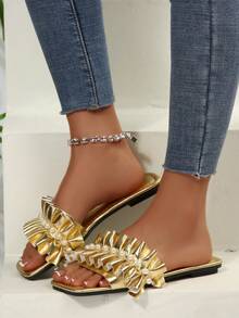 Sandales plates pour femmes, mules style fée française à bout rond, nouvelles sandales plates à enfiler pour l'été 2024 pour la plage et les vacances - Doré - Voir 4