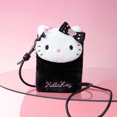 Miniso 1pc Hello Kitty Shiny Party Crossbody Bag, Black & White Color Block + Rhinestone Heart Decor, Smooth Velvet Material, Crossbody Design, Fits Phone/Small Items, Cute Street Style Bag
