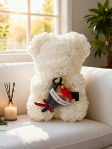 1 pieza Oso de peluche con rosa artificial blanca - Oso de rosa esponjoso y duradero con flores rojas acentuadas, elegante decoración de mesa para el hogar, decoración de sala de estar/dormitorio de moda, regalo versátil para el Día de San Valentín, Día de la Madre, Día del Padre, Navidad y ocasiones especiales - Multicolor - Ver 5