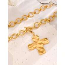 1 Retro Simple Exaggerated Fashion Metal Geometric Round Hammer Pattern Cross Pendant Necklace OT Buckle Thick Chain Jewelry Suitable For Women's Daily Wear Chunky Jewelry - 銀色 - 查看 2