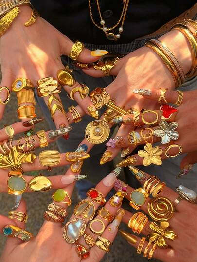 Bộ nhẫn hở có thể điều chỉnh phong cách cổ điển thanh lịch, trang nhã, kiểu đồng xu, 3-35 chiếc kim loại, nhiều yếu tố lấp lánh, đính đá giả ngọc trai, trái tim, sao biển, vỏ sò, lục giác, phù hợp cho cả nam và nữ, lý tưởng cho kỳ nghỉ, tiệc tùng, hẹn hò, quà tặng Giáng sinh, năm mới, phù hợp hàng ngày (Phong cách ngẫu nhiên)