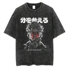Street Clothing Japanese Anime Pattern T-Shirt Washed Men's Women's Retro T-Shirt Summer Short Sleeve T-Shirt Cotton T - màu đen - Xem 1