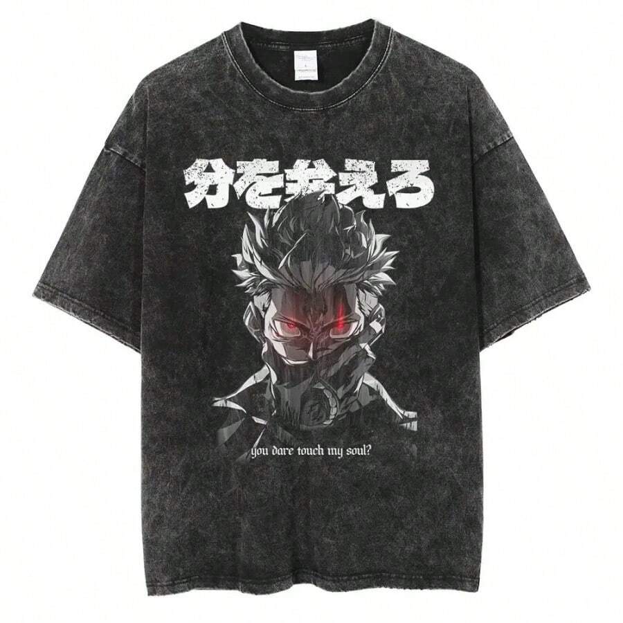 Street Clothing Japanese Anime Pattern T-Shirt Washed Men's Women's Retro T-Shirt Summer Short Sleeve T-Shirt Cotton T - màu đen - Xem 1