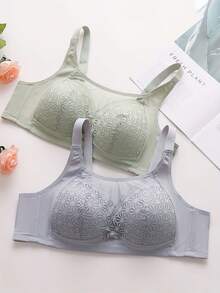 5-Piece Plus Size Women's Elegant Lace Push-Up Bra Set - Full Cup Wire-Free Medium Support, Lace Trim With Solid Color - Màu xanh lam - Xem 4