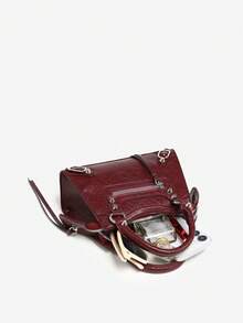 1pc Women's Retro Y2K Biker Punk Style Rivet Decor Multi-Pocket Faux Oily Cracked Leather Motorcycle Handbag Boston Bag, Suitable For Outings, Dates, Parties - Burgundy - View 5