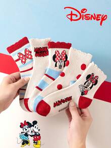 Disney 10/5 Pairs Minnie Mouse High Elasticity Sports Cute Series Socks, Mickey Mouse Family Socks, Autumn/Winter Girls' Elsa Princess, Mermaid Princess Mid-Calf Socks, Korean Cartoon Boys' Winter Breathable Baby/Student Short Socks