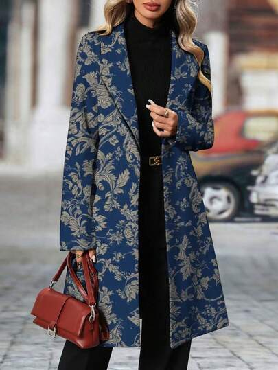 Blazer Elegante Vintage Feminino de Manga Longa com Estampa de Folhas e Gola Entalhada, Bottom Azul Marinho, Primavera/Outono