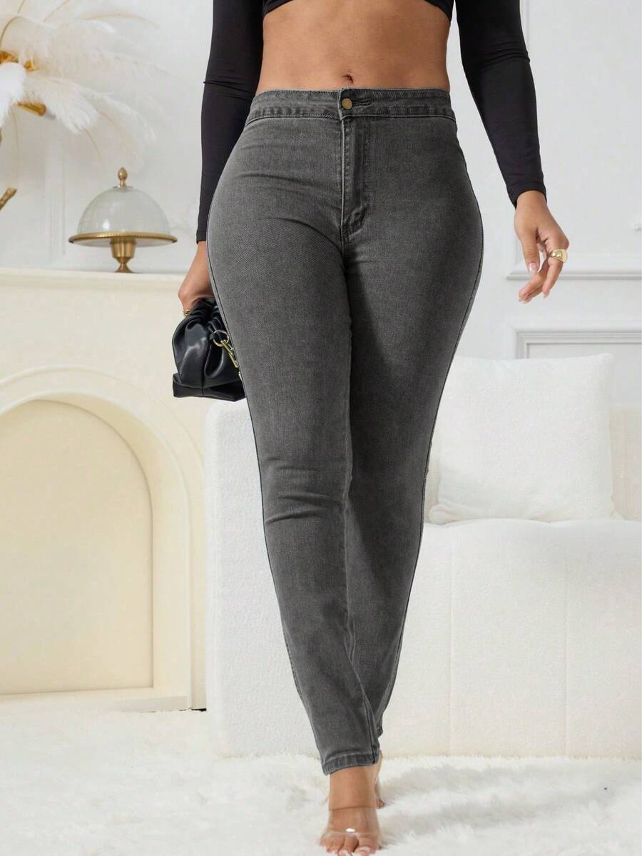 Women's Classic Skinny Jeans With ButtonFront Flap - Sexy Stretch Denim Pants, Versatile Everyday Wear Slim Fit - Grey - View 1