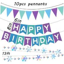 Frozen Birthday Party Drations - Happy Birthday Banner With Tissue Flower Pom Poms Iridescent Snowflake Garland Streamers Triangle Pennant For Boys Girls Party Drations,30044653 - 彩色 - 查看 5
