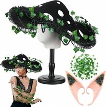 3 Pcs Mushroom Hat Accessories Set Renaissance Medieval Costume Victorian Fairy Elf Outfit Ears Garland Women - 黑色 - 查看 1