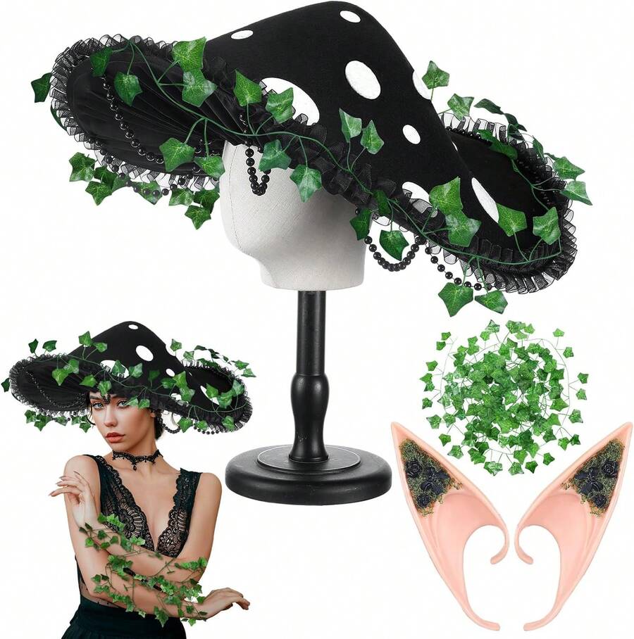 3 Pcs Mushroom Hat Accessories Set Renaissance Medieval Costume Victorian Fairy Elf Outfit Ears Garland Women - 黑色 - 查看 1