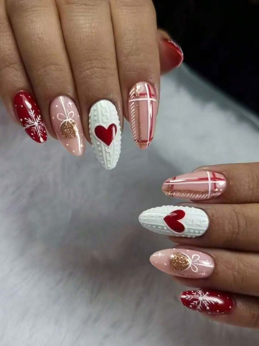 Bộ 24 miếng dán móng tay chủ đề Giáng sinh hình quả hạnh dễ thương với bông tuyết, ruy băng, áo len và trái tim, kiểu Pháp, làm từ acrylic, hoàn hảo cho ngày Valentine, bao gồm: 1 miếng gel dẻo và 1 dũa móng. Nghệ thuật trang trí móng tay chủ đề Giáng sinh và mùa đông giúp đầu ngón tay bạn tỏa sáng rực rỡ, phù hợp cho phụ nữ và các cô gái sử dụng hàng ngày khi đi làm và dự tiệc.