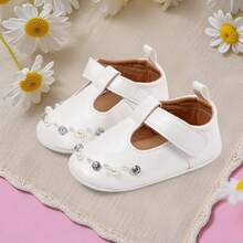 Baby Girls Mary Jane Flats Cute Crystal Pearl Infant Dress Shoes Non-Skid Newborn Crib Shoes - trắng - Xem 4