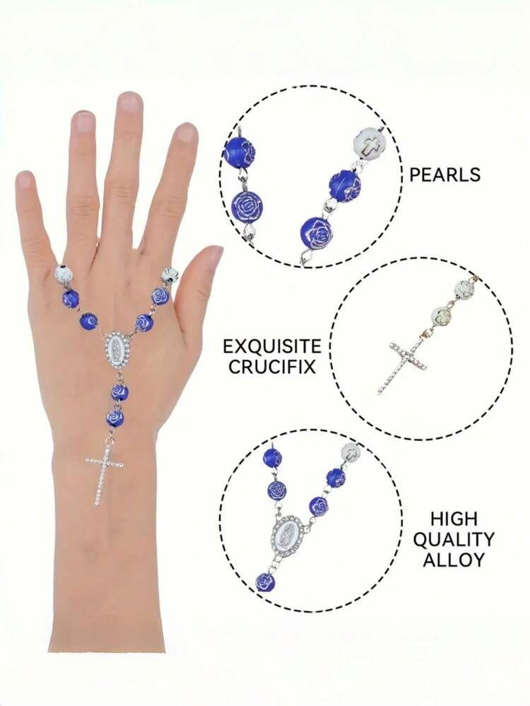 1件装优雅汽车后视镜念珠十字架吊坠饰品 - 时尚仿珍珠珠子和合金链汽车内饰装饰，耐用配件，特殊场合的完美礼物 - 彩色 - 查看 6