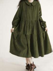 Corduroy Loose Long Sleeve Collared Dress, Winter Dress, Elegant Dresses For Women - Army Green - View 8