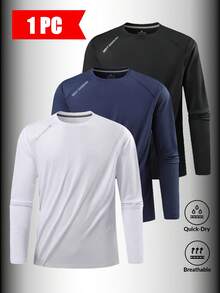1 pieza Camiseta deportiva de manga larga de compresión delgada y ajustada para hombres, camiseta transpirable que absorbe la humedad para correr y entrenar - Blanco - Ver 3