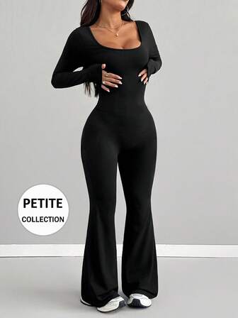AiTyi PETITE Women's Jumpsuit, Well Fitted Casual Fashionable Sexy Generous U-Neck Slim Fit Outdoor Versatile, Suitable For Graduation, Back To School, Christmas, New Year, Thanksgiving, Autumn/Winter Knit Long Sleeve Flared Leg Jumpsuit
