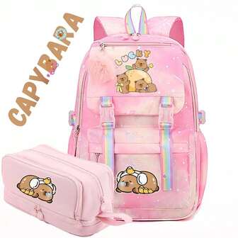 Sac à dos léger au thème mignon de capybara Sangles d'épaule réglables Sac à dos à design à rabat, poches multiples et compartiments d'organisation - Sac étudiant en tissu Oxford pour fournitures de récompenses et d'incitations. Grand étui à crayons multicouche à capacité élevée, parfait pour la rentrée scolaire et les cadeaux de Noël