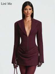 Liré Me 2025 New European And American Women's Fashion Solid Color Elegant Office Versatile Long-Sleeve Deep V Collar Pleated Mini Waist-Fitted Blazer Jacket