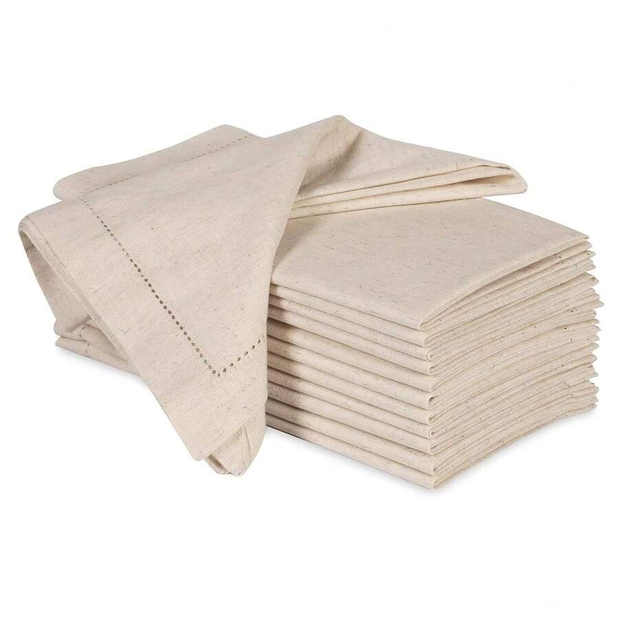 Cloth Dinner Napkins In Cotton Flax Fabric With Hemstitched & Tailored Mitered Corner Finish Size 20x20 Inch Set Of 12,20x20WithHemstitch,Natural - Natural - 查看 1
