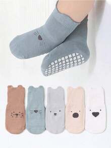 5 双卡通图案防滑婴幼儿室内袜，软底地板袜，适合日常穿着