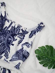 Bohemian Print Square Neck Sleeveless Tank Top And Elastic Waist Pocket Wide Leg Pants 2 Pieces Casual Holiday Outfit, Summer - Navy Blue - View 2