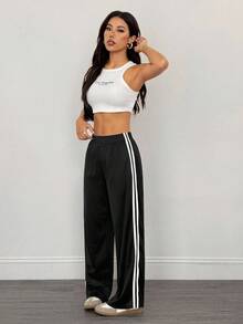 YZMJAFU 1pc Spring & Autumn Outdoor Sports Pants, Elastic Waistband, Dual White Side Stripe Design, Wide Leg, Loose Fit, Suitable For Walking And Outdoor Activities - Black - View 6