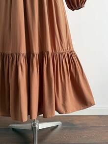 Rusttydustty Robe bohème pour femmes à col en V en dentelle et patchwork marron, décontractée, élégante, vintage et romantique. Robe simple pour les vacances et les stations balnéaires, automne/hiver - Tabac - Voir 5