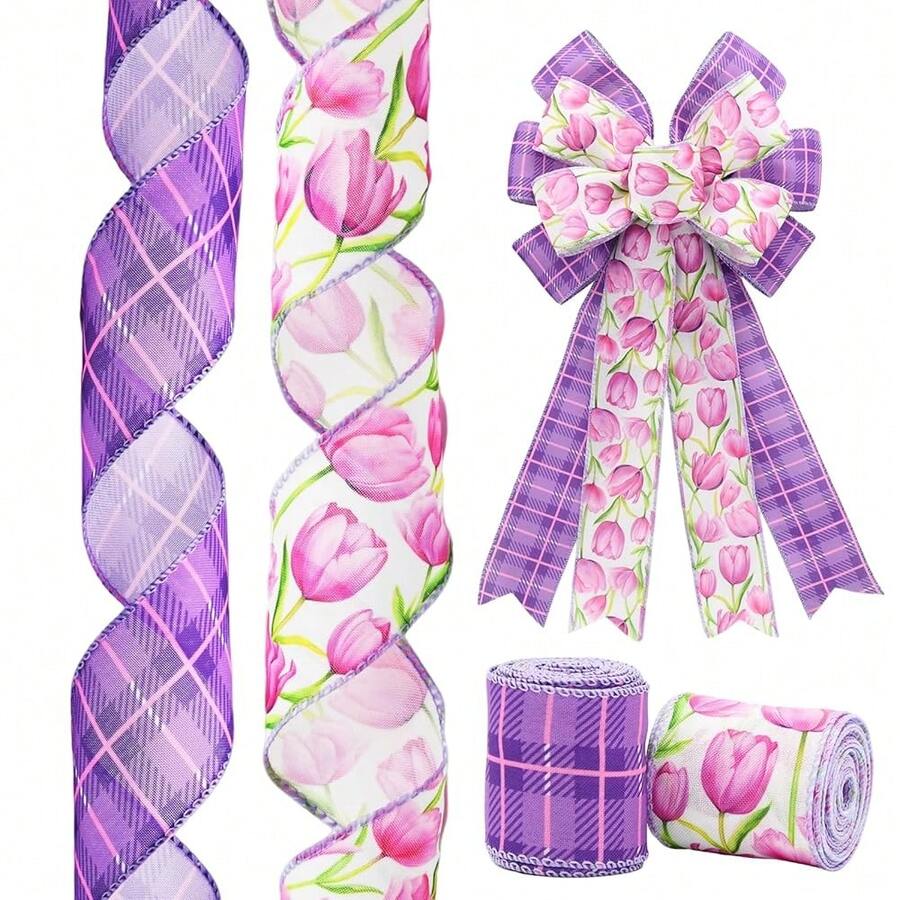 2 Rolls Purple Tulip Wired Ribbon - 2.5 Inch Wide, 10 Yards Total, Elegant Tulip Floral For Wedding Decor, DIY Crafts, Gift Wrapping - Spring-Themed Purple Wired Edge Ribbon,Purple - Purple - View 1