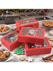 6pcs Christmas Cartoon Candy Packaging Boxes - Transparent Window Cookie Pastry Boxes, Red Holiday Gift Boxes, Christmas Gift Packaging Boxes - Multicolor - View 7