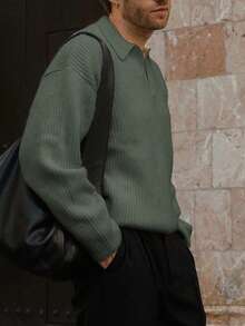 男士罗纹高领毛衣，休闲宽松套头针织衫，秋冬季长袖上衣 - 灰色 - 查看 3