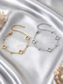 1pc Minimalist Elegant 18K Gold Plated Stainless Steel Hollow Four-Leaf Clover Shaped Chain Bracelet, Suitable For Women's Daily Or Date Wear, Or As Festival Gift - Style1-jC700 - View 10