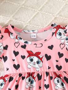 3pcs/Set Cute Casual Cartoon Cat & Heart Pattern Ruffle Sleeve Dress Set For Baby Girls, Suitable For Daily Wear And Outdoor In Summer - Red - View 6