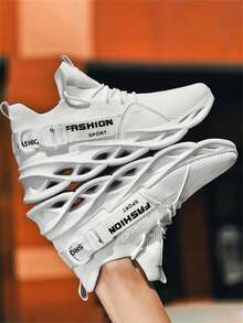 1 Pair Lightweight Elastic Breathable Running Shoes With Buckled Decorative Laces Front Lace-Up Sneakers, Random/Asymmetrical Pattern Woven Tape On Side