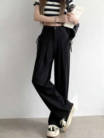 Women Solid Color Straight High Waist Loose Fit Suit Pants