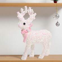 Figuras navideñas de renos, estatua de ciervo brillante con oropel y lazo, campanillas, decoración de mesa para fiestas navideñas en el hogar. - Rosa - Ver 2
