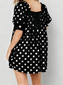 Women's Polka Dot Mini Dress Loose Bow Square Neck Puff Sleeve Short Dress For Daily/Travel - Black Background With White Polka Dots - View 5