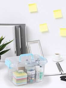 4pcs Desk Storage Display Boxes - Capacity 0.5L/0.6L/0.7L/0.8L - Blue Transparent Boxes With Handles (A: 13.7*10.5*7.5cm, B: 15*11.3*8.3cm, C: 17*11.9*8.8cm, D: 18.5*13.3*9.4cm)