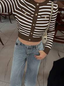 女装秋冬新款法式浪漫休闲百搭时尚条纹针织短款开衫 - 咖啡棕 - 查看 2