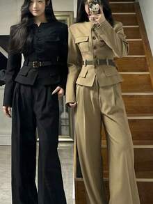 Women Two-Piece Outfits - Khaki Jacket + Khaki Pants (belt Not Included) - View 1
