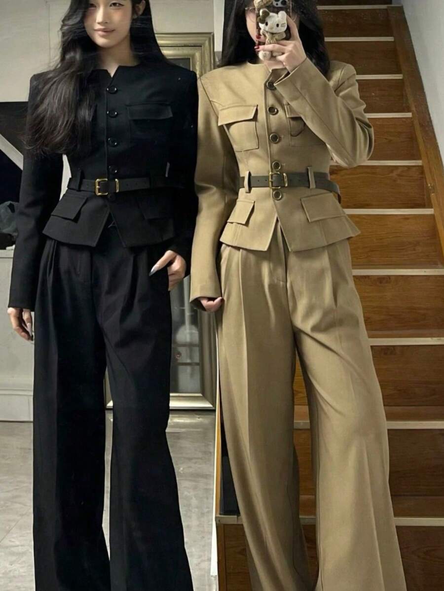 Women Two-Piece Outfits - Khaki Jacket + Khaki Pants (belt Not Included) - View 1