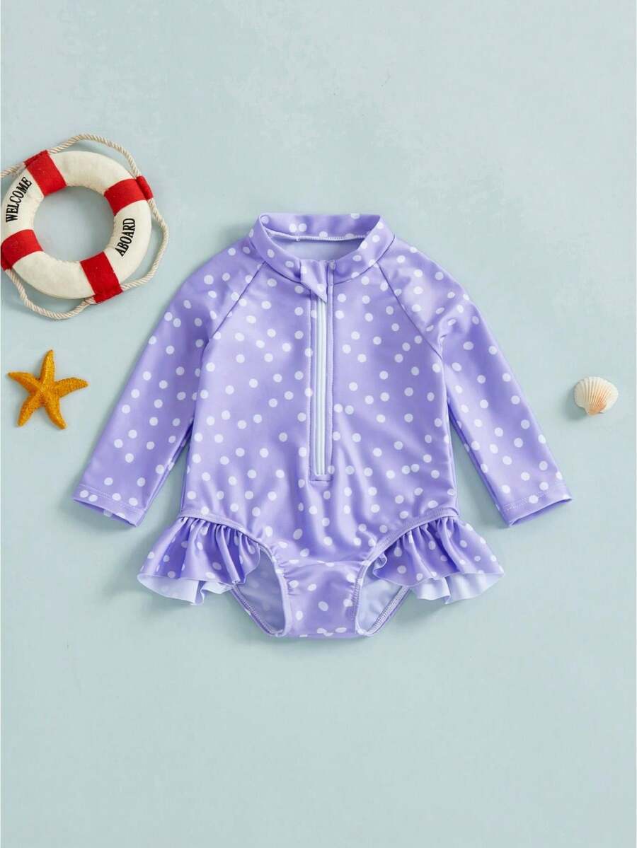 Baby Girl Rash Guard Swimsuit Dot Print Long Sleeve Mock Neck Romper Ruffled Hem Zip Up Swimwears - Morado - Ver 1