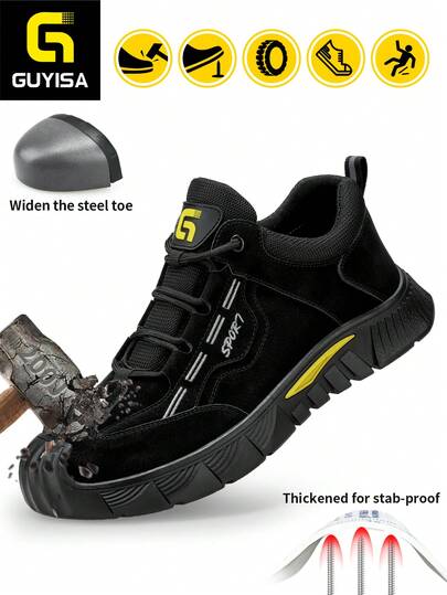 GUYISA Nuevos zapatos de seguridad, zapatos de seguridad con punta de acero, anti-aplastamiento, anti-perforación, de caña baja, con cordones, planos, zapatos de seguridad grises, para todas las estaciones