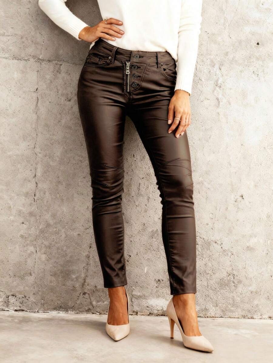 女士PU皮裤，女士弹力加绒PU牛仔裤，女士加绒仿皮裤，男友风加绒仿皮裤，拉链设计保暖PU皮紧身裤（冬季款），弹力舒适仿皮打底裤 - 咖啡棕 - 查看 1