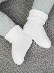 5 Pairs Baby Solid Color Warm Fleece Socks, Autumn/Winter - White - View 2