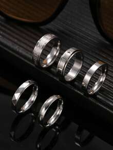 5pcs Fashionable Stainless Steel Silver Men's Ring Set, Includes Roman Numeral, Cross, And Ball Elements, Suitable For Men's Daily Wear, Festivals, Dates, Engagements, Weddings - Silver - View 8
